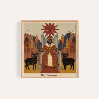 Framed print close-up of The Emperor Tarot Card Art with a crowned emperor and two black rams
