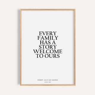 Personalized Family Poster framed print close-up with a minimalist black text quote on white background