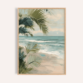 Tropical Beach Art framed print of a beach with palm leaves in muted green and blue shades