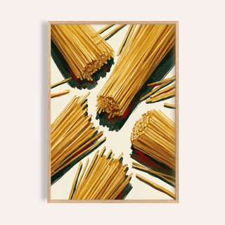 Spaghetti wall art with bundles of dry spaghetti in yellow and brown tones in a wooden frame
