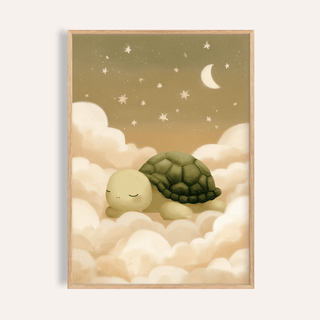 Framed Turtle wall art of a sleeping turtle with cream clouds green shell and a crescent moon