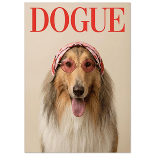 Rough Collie Dogue Print photographic poster of a collie dog wearing pink sunglasses and a scarf