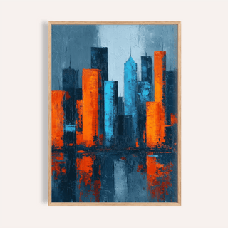 Framed print close-up of abstract city poster with orange and blue watercolour skyline