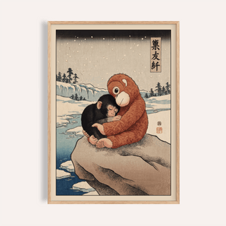 Framed Punch Monkey Poster of a baby monkey embracing a stuffed monkey in a Japanese woodblock style
