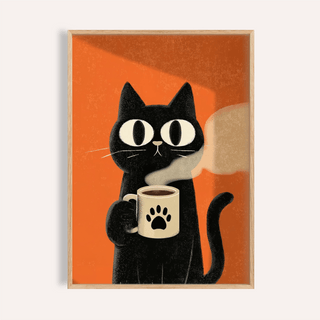 Framed Cat Coffee Mug Print of a black cat holding a coffee mug with paw print on an orange background