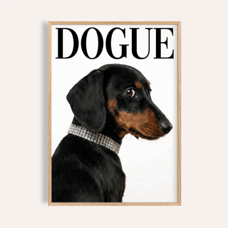 Dachshund art print showing a black and tan dog with a collar on a white background