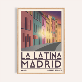 Madrid City wall art of colourful buildings on a curved street at dusk in a minimalist style