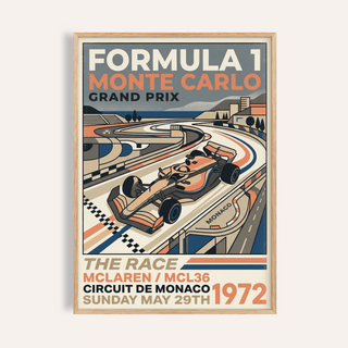 Framed view of Monte Carlo Retro Racing Poster wall art with race car and grand prix typography