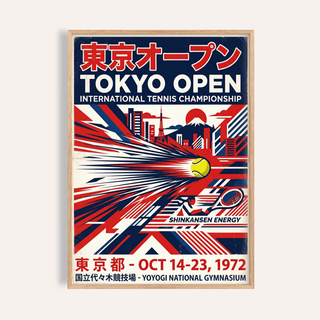 Framed Tokyo Open Tennis Print with red blue and yellow retro illustration style
