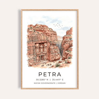 Framed Petra art print showing the watercolour illustration of Petra site with text below
