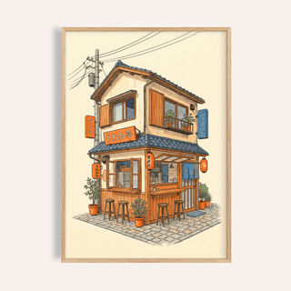 Framed Japanese restaurant wall art of a traditional eatery with blue tiles and orange signs