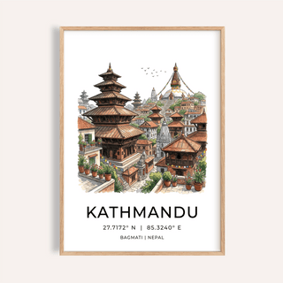 Framed Kathmandu art print showing temple buildings with earthy colours and plant pots
