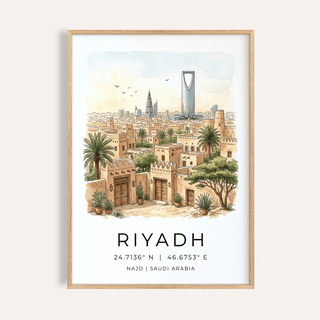 Framed Riyadh Cityscape wall art showing watercolour illustration of buildings and palm trees