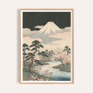 Framed print close-up of Japanese art mountains showing Mount Fuji with pink sakura trees and a blue river