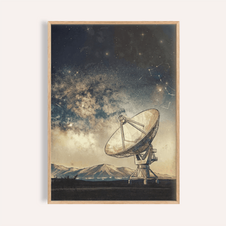 Framed print close-up of satellite art with a large satellite dish under a starry sky in beige and dark blue tones