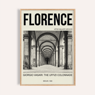 Florence Architecture Print framed close-up of the black and white Uffizi colonnade with typographic details