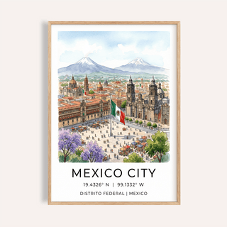 Mexico City art print showing an illustrated skyline with a Mexican flag in watercolour style