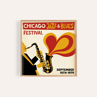 Framed Chicago Blues Poster with a saxophone player illustration in red yellow and black