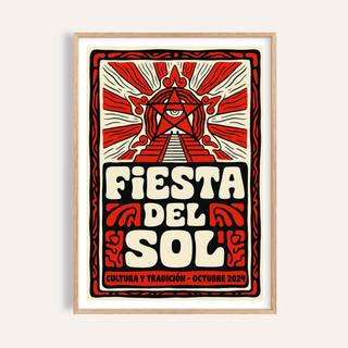 Framed Fiesta Del Sol Art Print with red and cream folk-art style typography