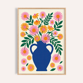 Framed vase art print with blue vase and pink and orange flowers in minimalist style