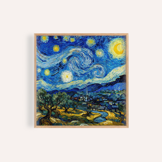 Framed print close-up of Starry Night Art Print with swirling blue and yellow night sky