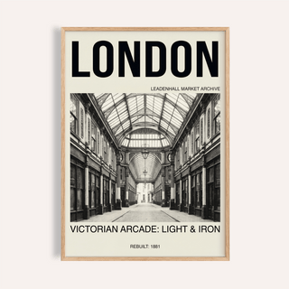 Framed Victorian London Art Print showing a photographic black and white Victorian arcade interior