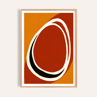 Framed Modern Minimalist Art Print with abstract oval shapes in orange and black tones