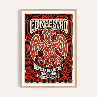 Framed Cultural Mexican Poster featuring a red and cream Mexican eagle illustration in folk art style