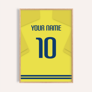 Framed football shirt poster in yellow with blue number 10 and custom name text