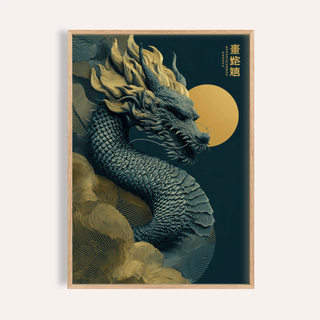 Framed Chinese dragon art print showing a detailed grey and gold mythical dragon head with a gold circle background
