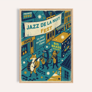 Paris Jazz Poster framed print close-up showing fox playing drum and other animals in vintage style
