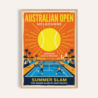 Framed print of Summer Slam tennis players on a blue court with a large yellow tennis ball