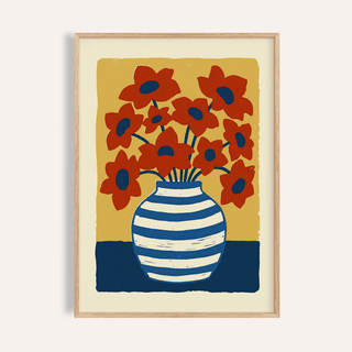 Framed Vase Poster of a striped vase with red flowers in a minimalist style
