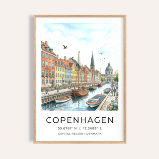 Copenhagen Canal wall art showing a bright watercolour canal view with boats and colourful buildings