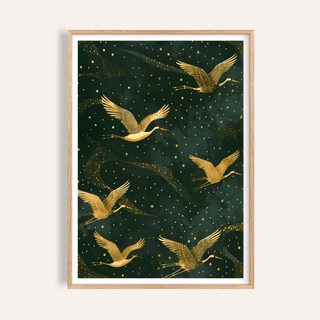Golden Crane wall art framed close-up showing golden cranes on a dark green background