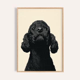 Framed black poodle art close-up with cream background and detailed fur texture