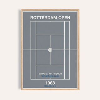 Framed Rotterdam Open Poster showing minimalist tennis court diagram in blue and white with text detail