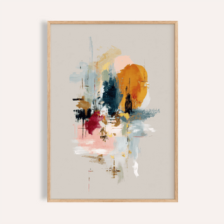 Framed Abstract Wall Art with colourful abstract shapes in orange, blue and pink on a beige background