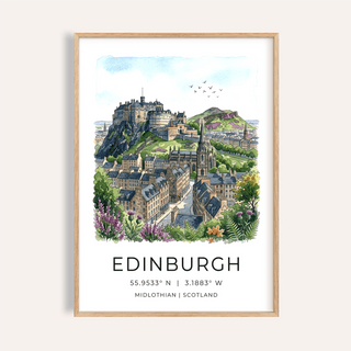 Framed Edinburgh Cityscape Art Print with a view of the castle and green hills in watercolour