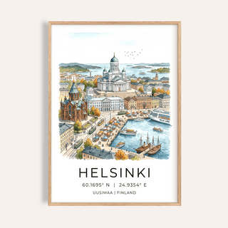 Framed Helsinki Watercolor Art Print of cityscape with harbour and boats in blue and warm tones
