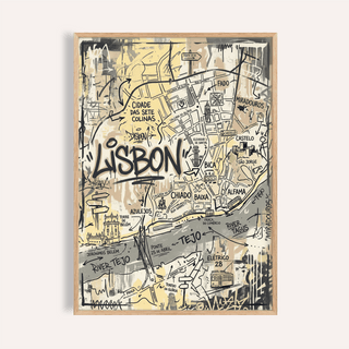 Framed Lisbon Map Art Print in beige and black with typographic street art style