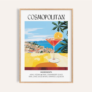 Drink Art framed print close-up of a cosmopolitan cocktail with orange slice and coastal background