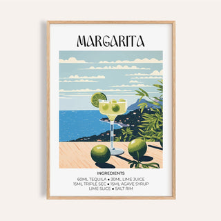 Framed print of margarita cocktail illustration with coastal view and lime green tones