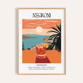 Framed print close-up of vintage bar artwork featuring a Negroni cocktail in orange and blue tones