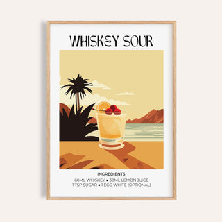 Framed print close-up of a minimalist whiskey sour cocktail illustration with warm colours