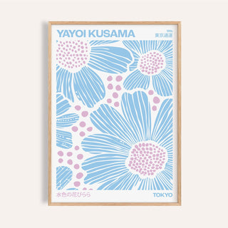 Framed print close-up of light blue wall art with blue and pink floral illustration and text