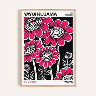 Modern floral wall art featuring pink Yayoi Kusama flowers