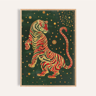Framed print close-up of Japanese Art Wall with a stylized tiger in red and gold on a dark green background