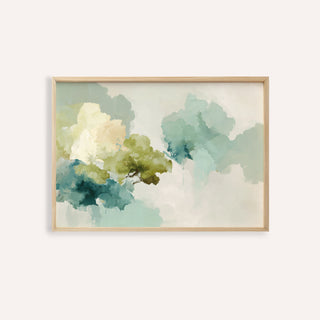 Framed Abstract Tree Art Print with blue and green watercolour foliage on cream background