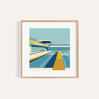 Framed Pool Print of an urban swimming pool with blue and yellow minimalist illustration